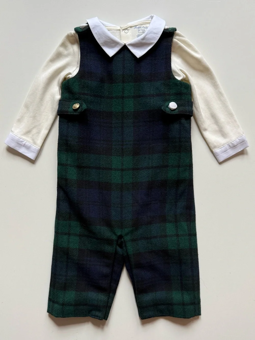 Ralph Lauren Baby Boy Interlock Bodysuit & Plaid Overall Set - Size 6M